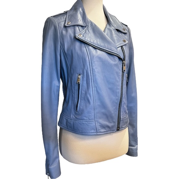 LAMARQUE Donna Blue Leather Moto Biker Jacket size Medium - Picture 3 of 11